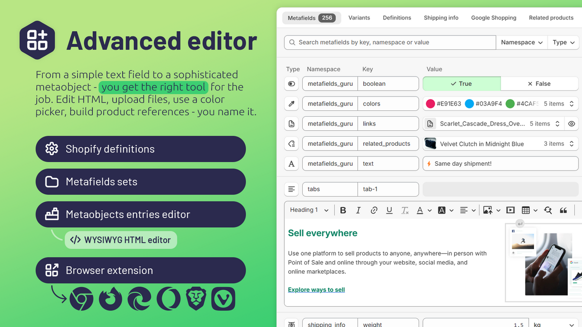 Metafields Guru spreadsheet editor for bulk-editing product, order, and customer metafields in Shopify admin