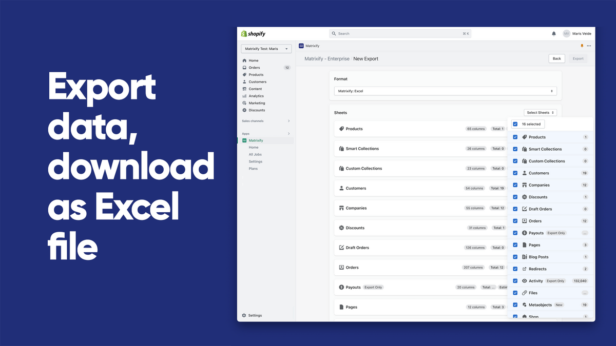 Matrixify import and export dashboard for bulk Shopify metafield jobs with Excel and CSV