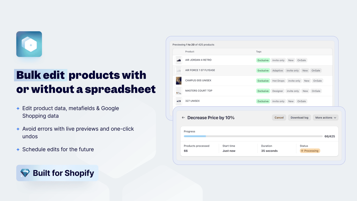 Ablestar Bulk Product Editor spreadsheet view for bulk-editing product metafields, tags, and prices