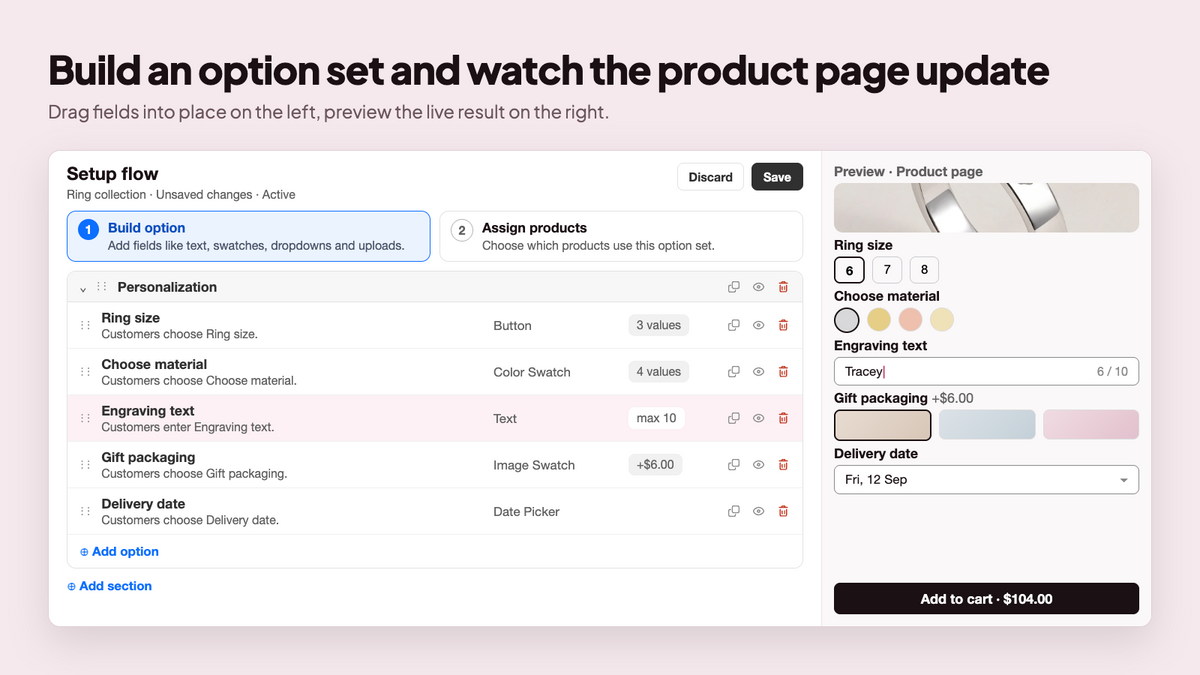 Globo Product Options admin for building custom text, dropdown, and add-on fields on Shopify product pages