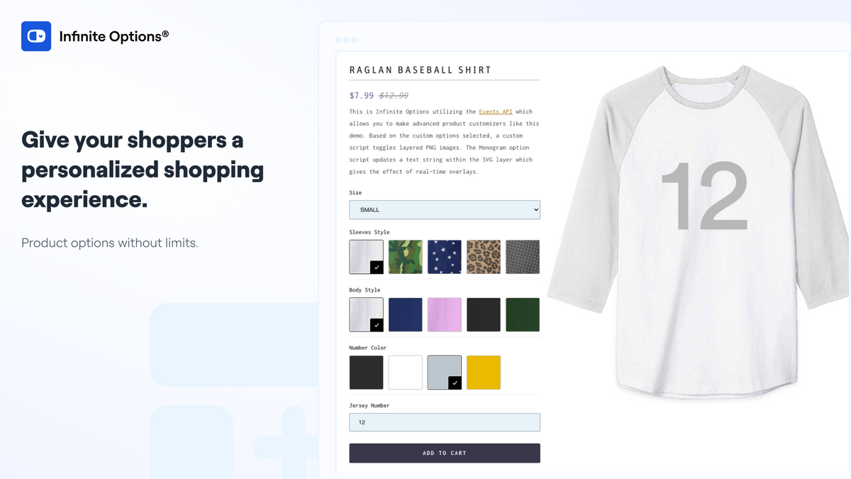 Infinite Options admin for configuring text fields, swatches, and add-on products on Shopify