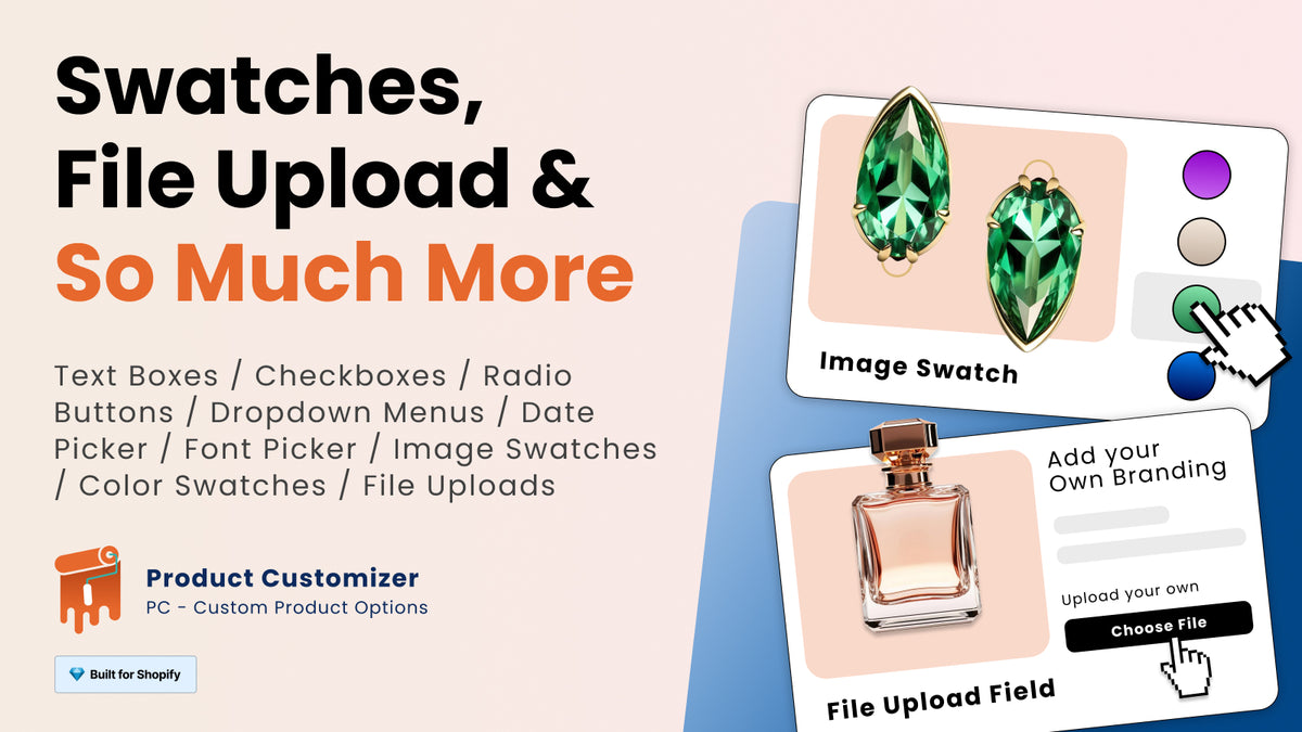 PC Custom Product Options admin for text and dropdown personalization fields on Shopify products