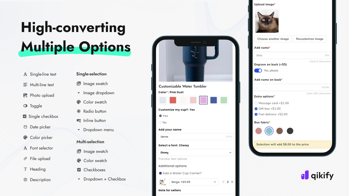 Qikify Custom Product Options builder for text fields, dropdowns, swatches, and conditional logic on Shopify