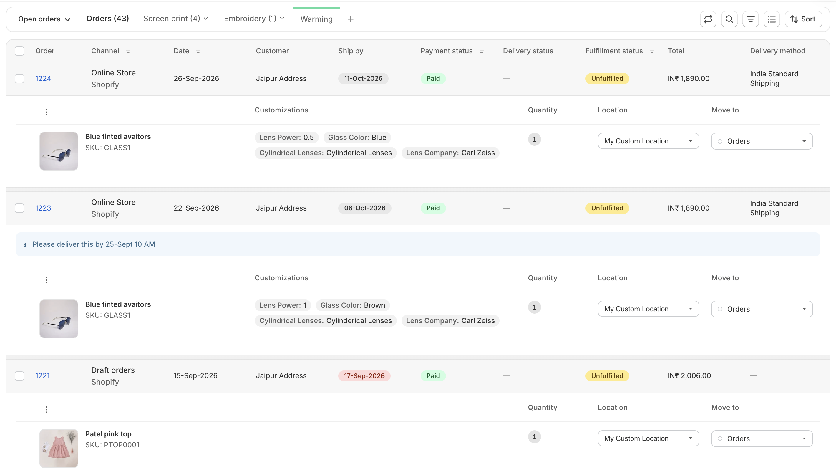 Orderline Detailed view: Line items, options, notes and ship-by in one view, without opening each order.