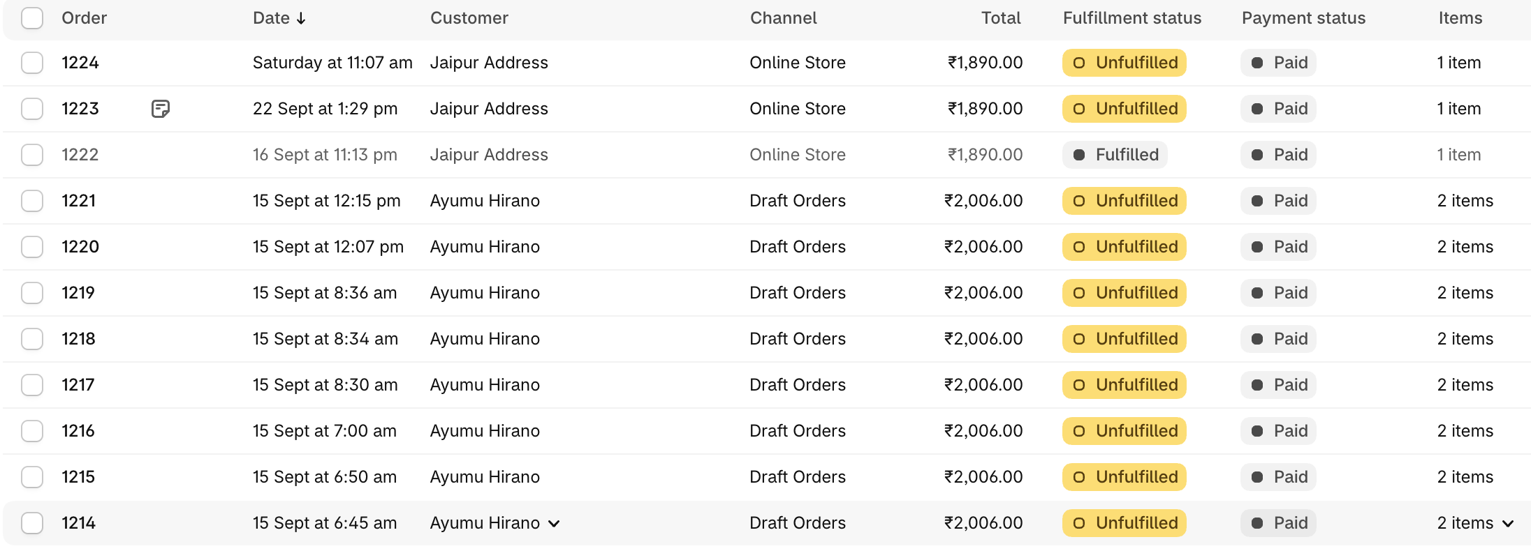 Shopify Admin orders list with order number, date, customer, channel, total, fulfillment, payment and item count. No product photos or customizations.