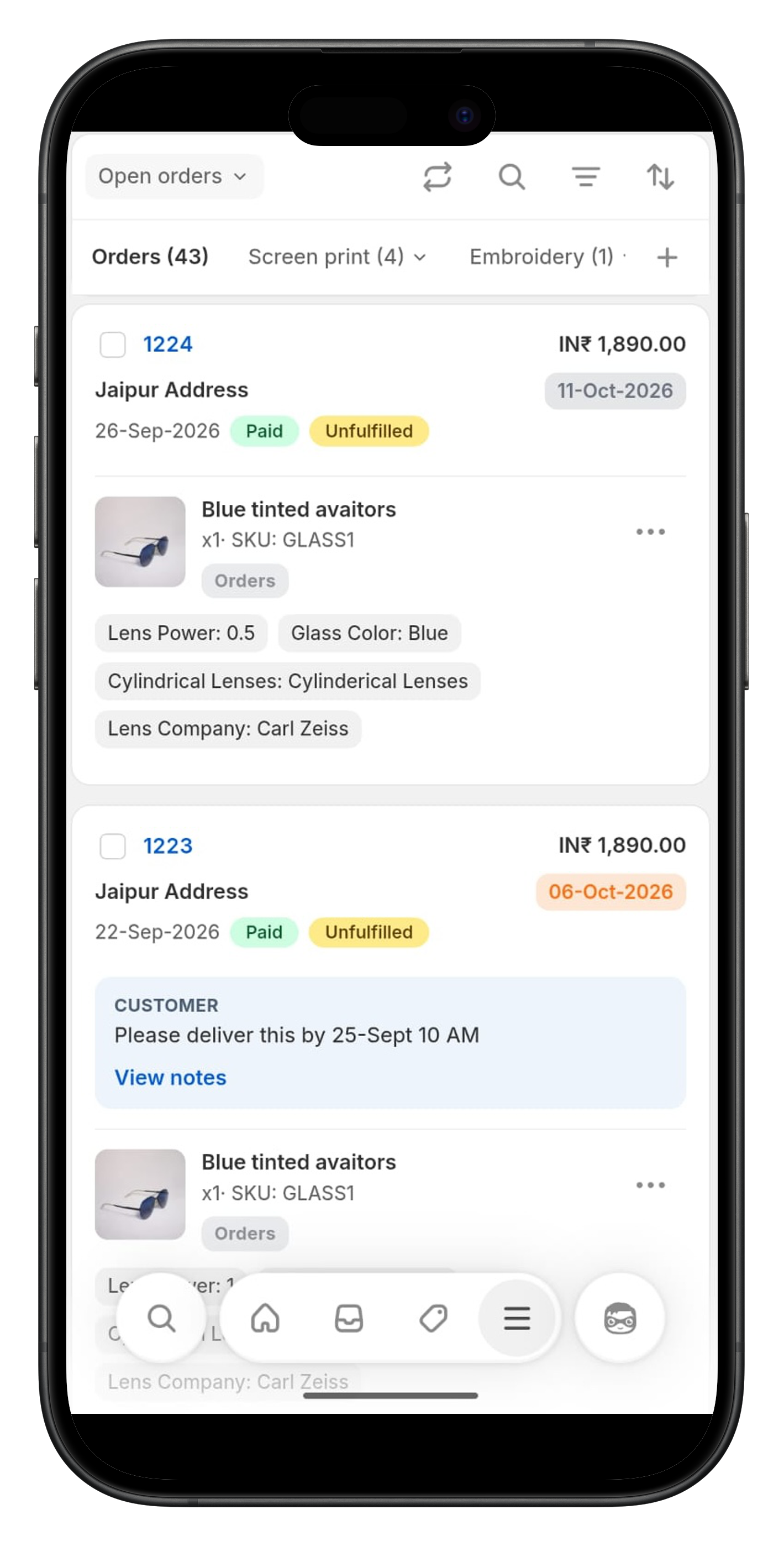 Orderline orders list on a phone: photos, customizations, notes and ship-by on every order