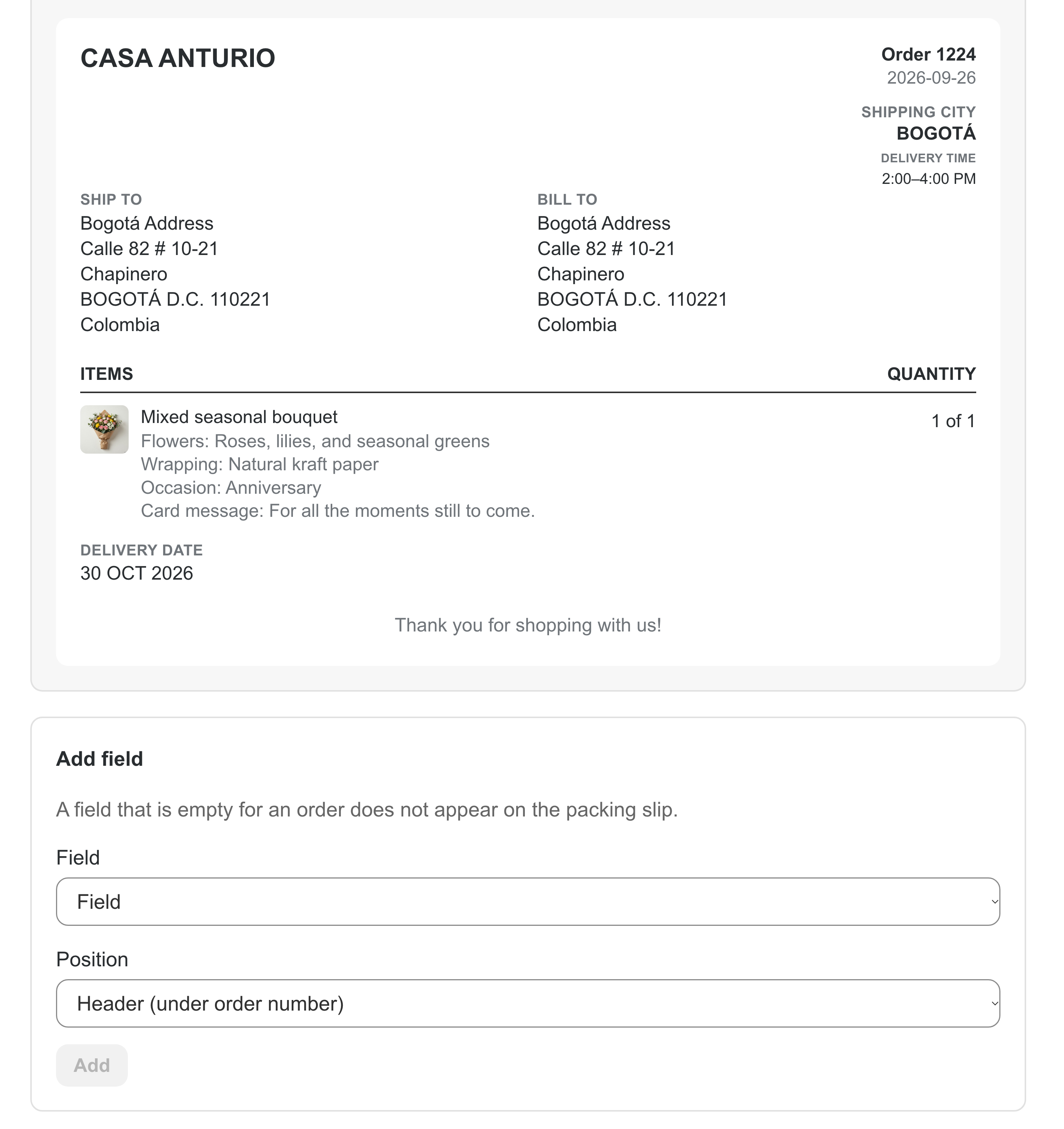 Casa Anturio packing slip showing a bouquet, customer selections, delivery window, and delivery date