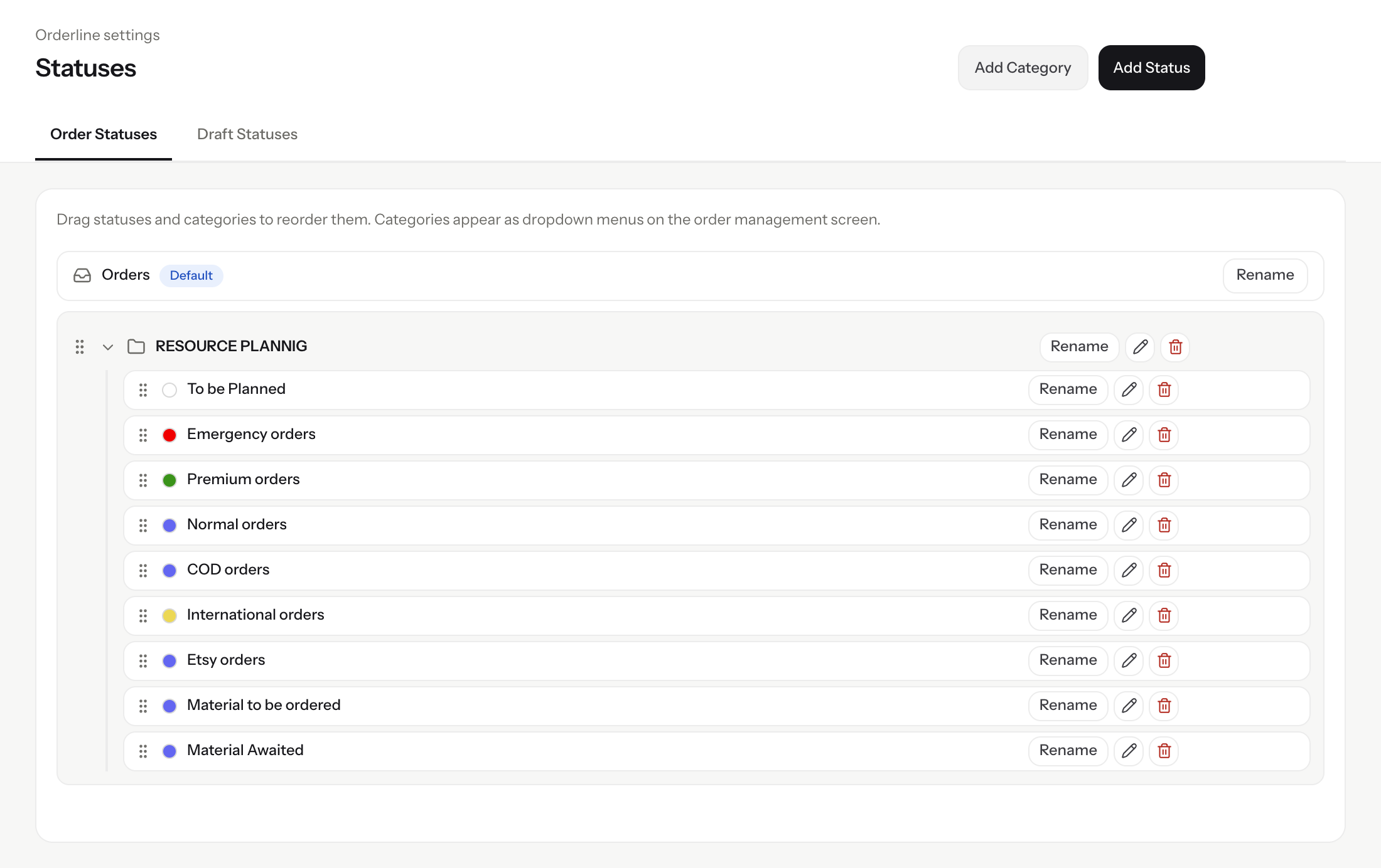 Orderline status settings mock with Threadslabel’s Resource Planning category and production statuses