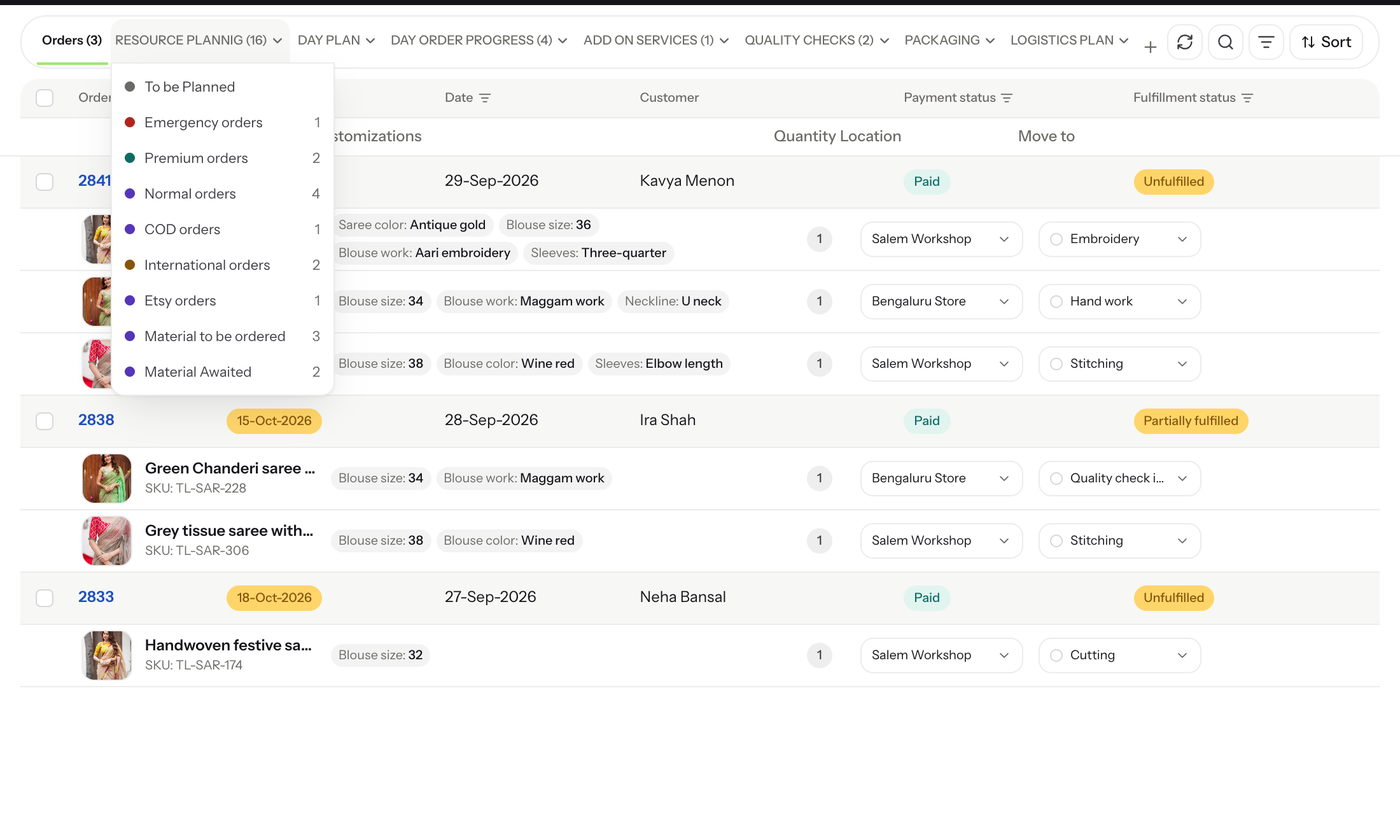 Orderline production board mock with fictional orders, customizations, ship-by dates, and line-item stages