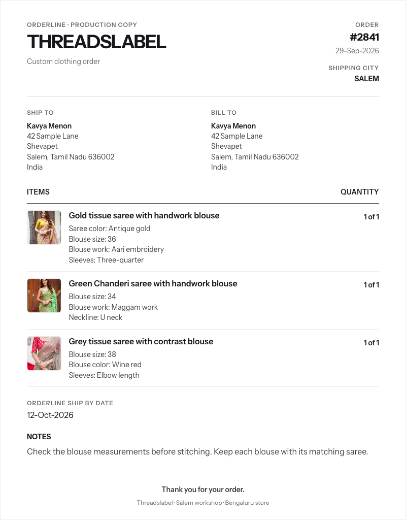 Threadslabel packing slip preview with product customizations, ship-by date, and staff note