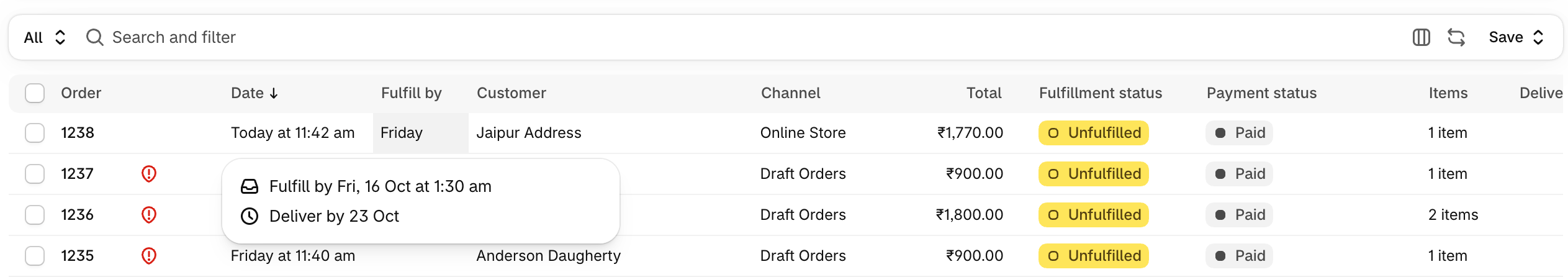 Shopify's Orders list with the Fulfill by column added, and the hover tooltip showing the exact Fulfill by time next to the customer's Deliver by date