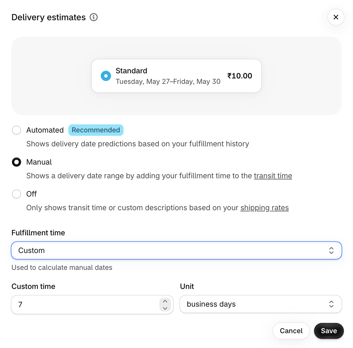 Shopify's Delivery estimates screen with Manual selected, Fulfillment time set to Custom, and a custom time of 7 business days