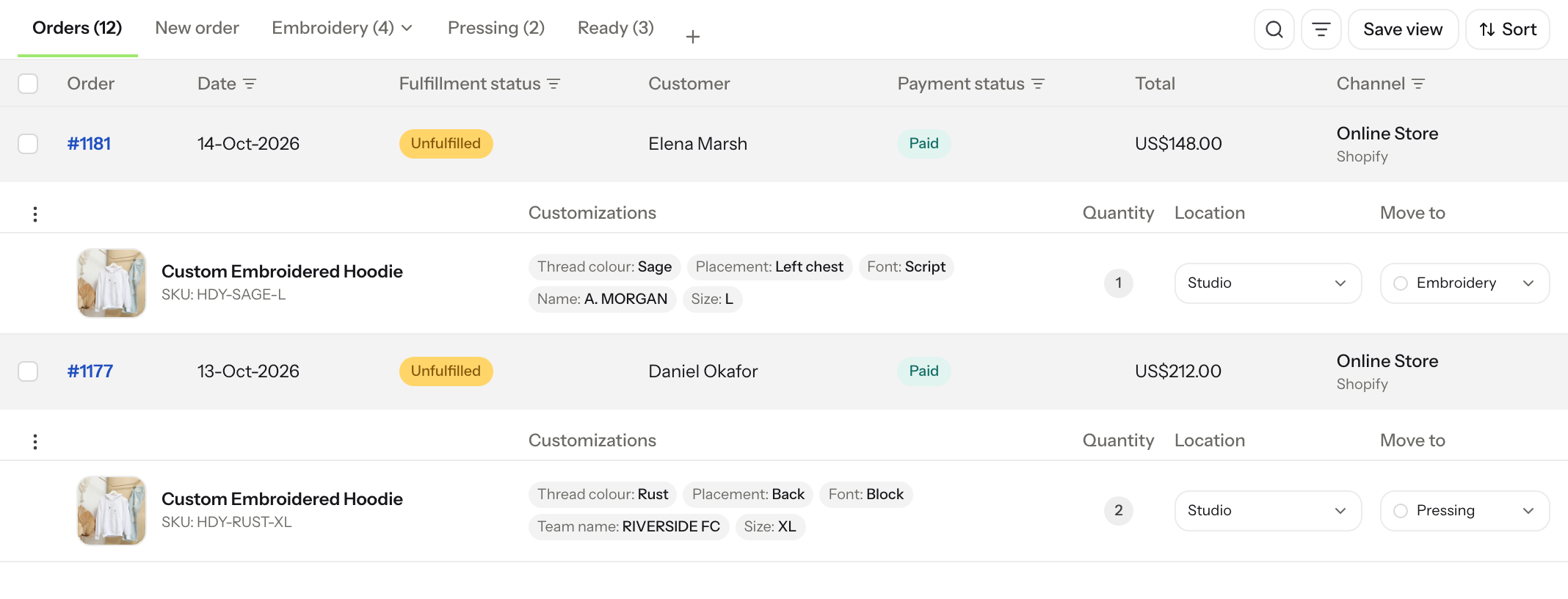 Orderline list with short customisation values shown as chips under each line item