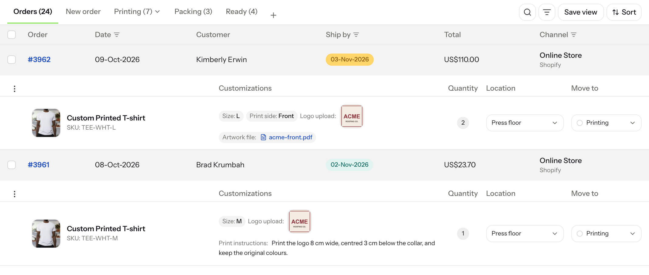 Orderline list with an uploaded logo thumbnail and an artwork file link under a line item