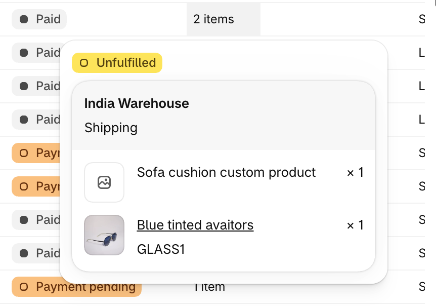 Shopify's orders list items dropdown
