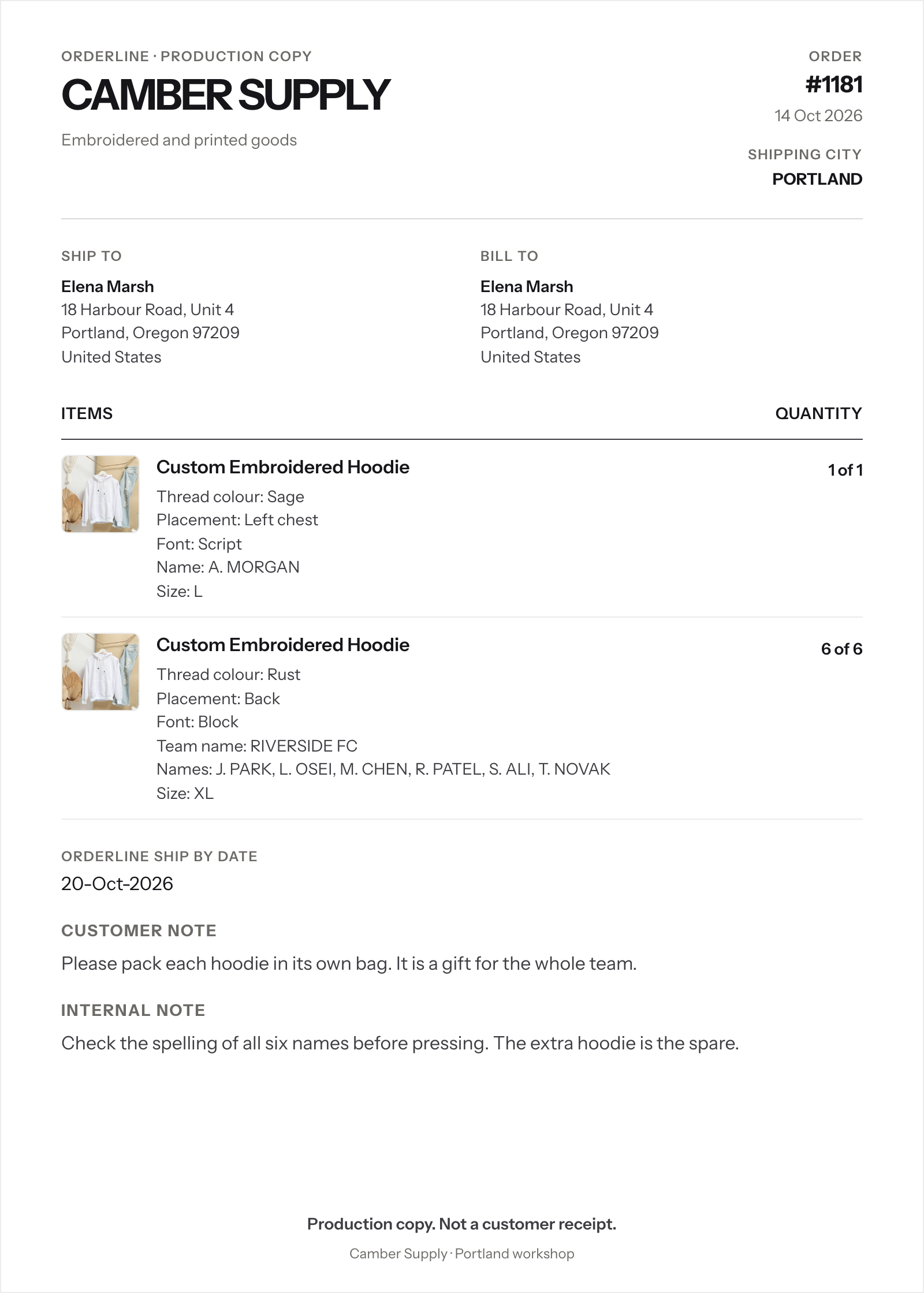 An Orderline production packing slip with the customisation, the ship-by date and both notes
