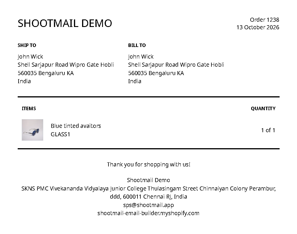 The default Shopify packing slip for an order of sunglasses, showing the product, its image, the SKU and the quantity, with no customer customisation