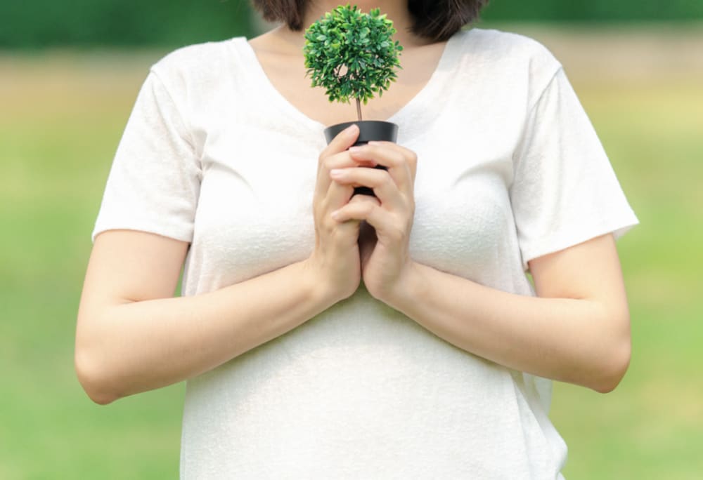 Woman in white t-shirt holding a small green pot plant to her chest