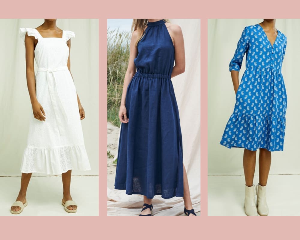 Three dresses:  white midi dress with wide ruffled straps, blue v-neck patterned midi dress with ruffled hemline, halter neck deep blue linen midi dress with elasticated waistband and a line skirt