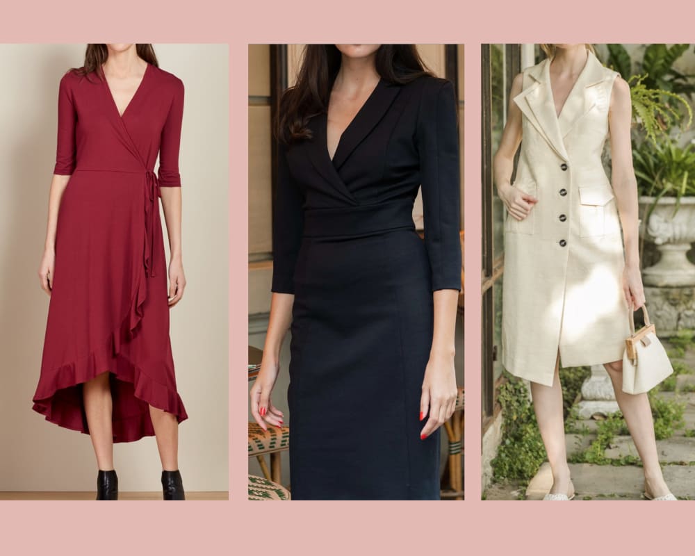 Three dresses:  v-neck red dress with ruffled asymmetric hem, black fitted dress with structured collar and defined waist band, cream vest suit dress with double collar and big hip pockets