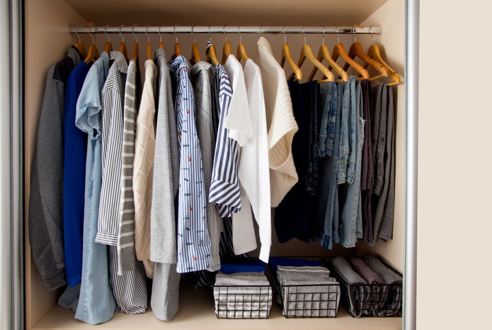 Freshly organised wardrobe full of neatly hanged up garments