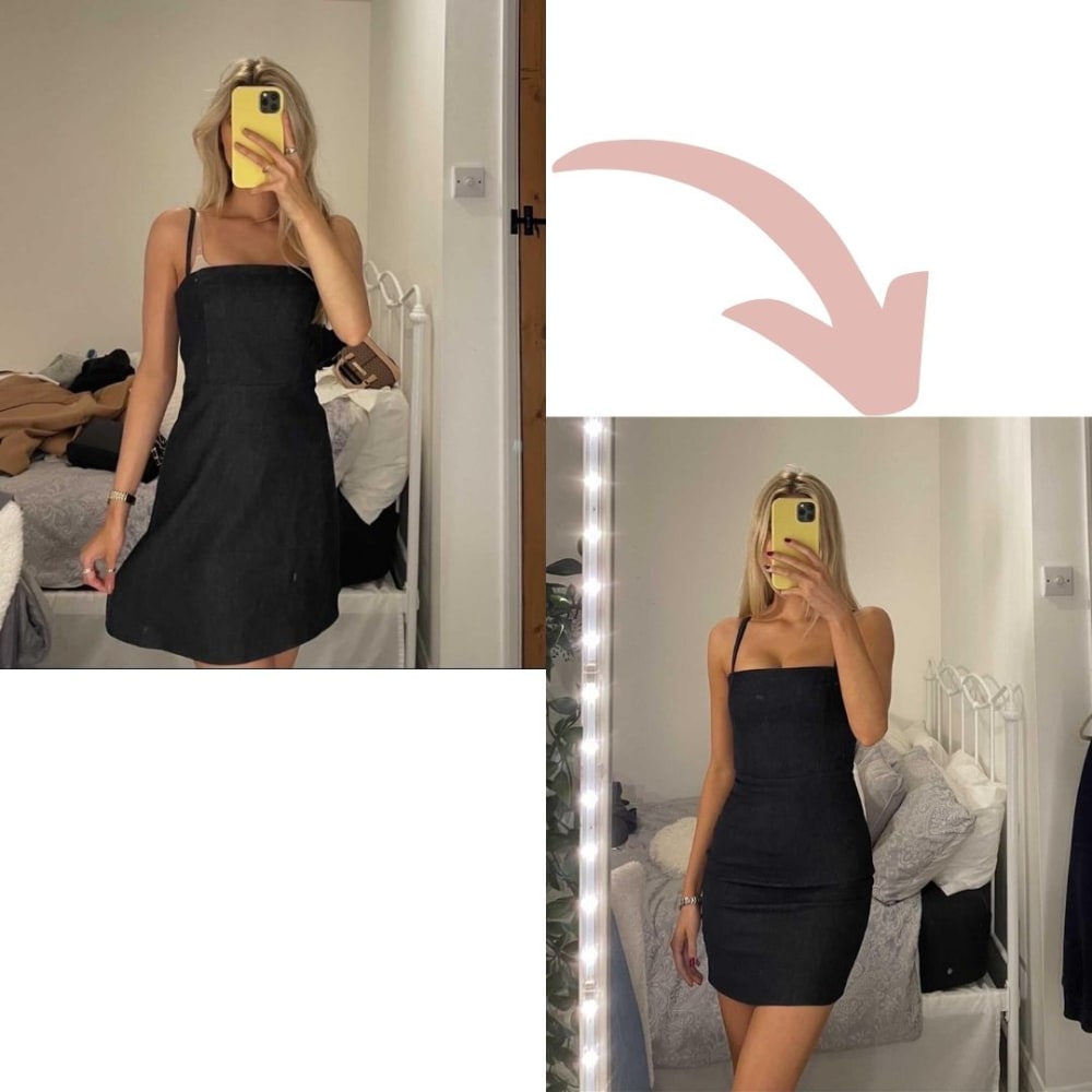 Two pictures of a woman wearing a black dress.  One loose fitting before alterations and the second more form fitting after alterations by Lucy.