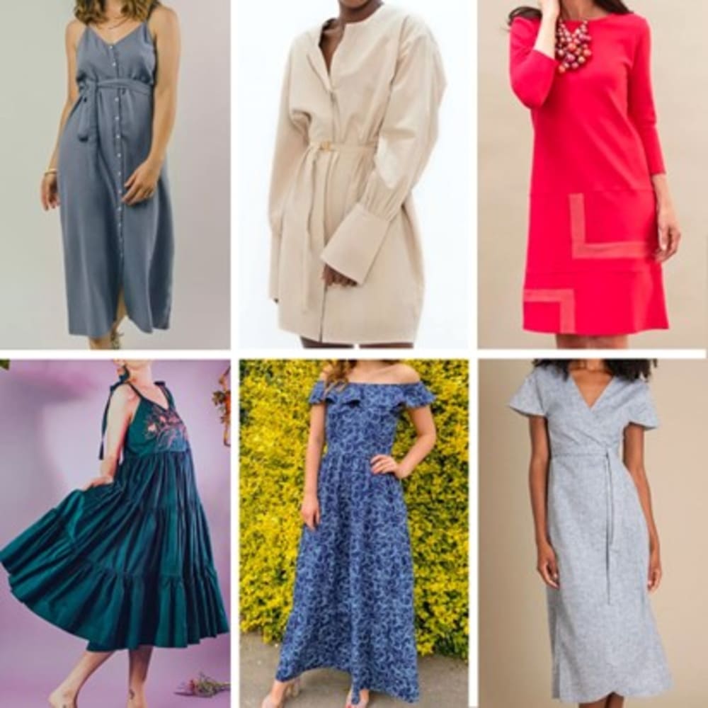 All Organic Cotton except bottom right is Linen. Top-Bottom, Left-Right: Brava Fabrics- Bubble Dress Cloud, 1People- Cap Ferret XAC Short Dress Sand, I’mdividual- Deco Jersey Dress, Rose Corps- Willow Dress in Teal, Jenerous- Transformation Maxi Dress, Mayamiko- Dalitso Maxi Wrap Dress in Blue Melange Linen A selection dresses with versatile fabrics from Curobe's brand partners