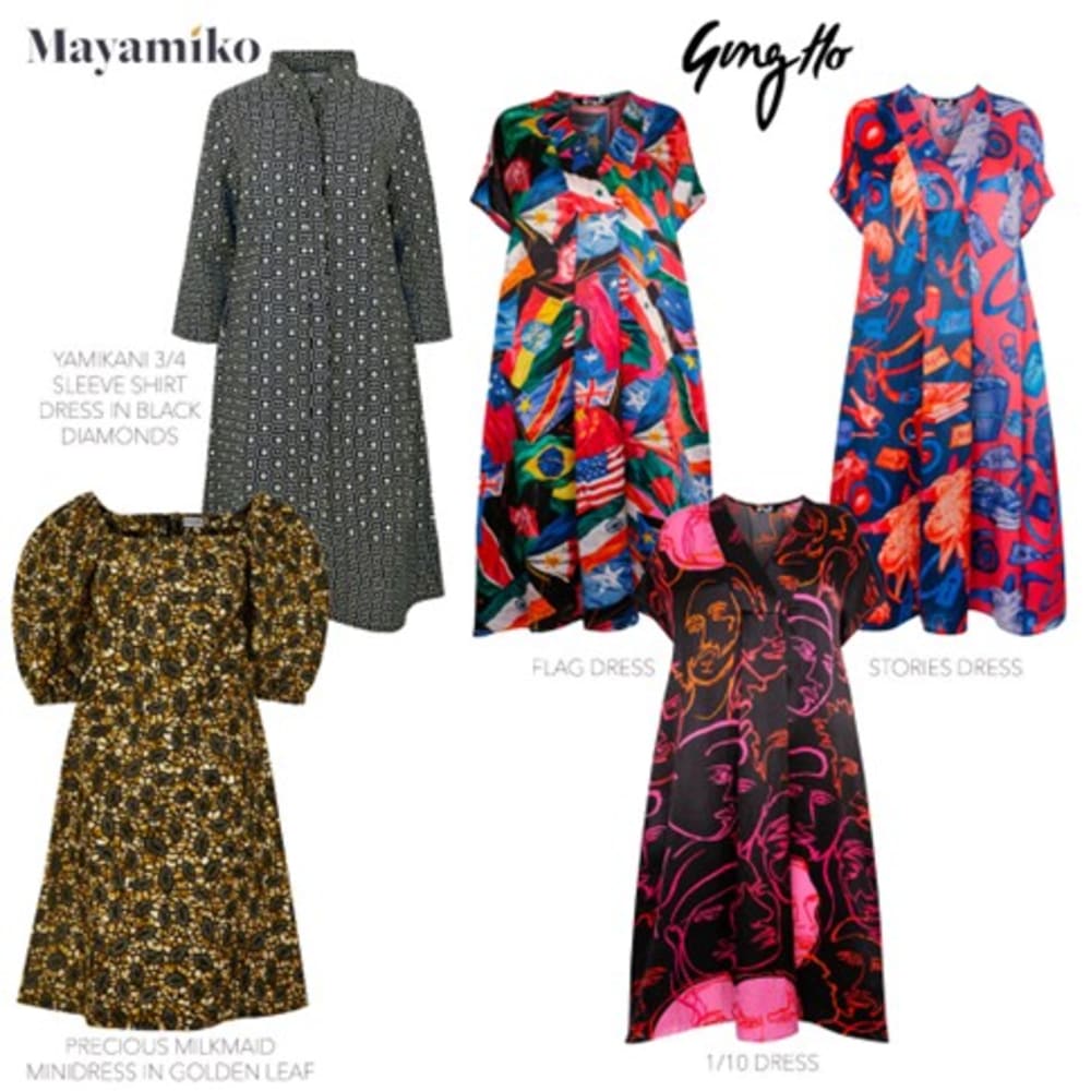 a selection of boldly printed dresses from Curobe's brand partners