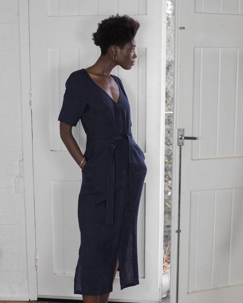 Navy linen, semi-fitted midi dress, with a v-neckline, short sleeves and an a-line style skirt