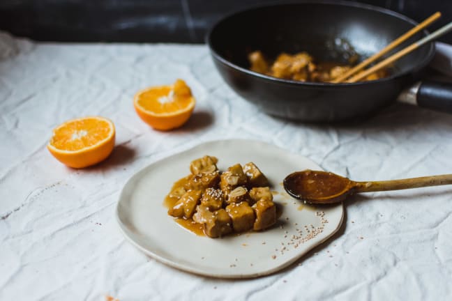 Tempeh in sweet and sour Chinese style sauce.