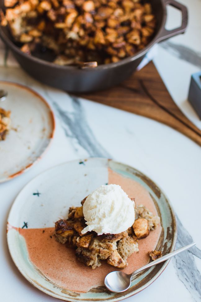 Bread pudding with sauteed apples, lots of cinnamon and vanilla ice-cream.