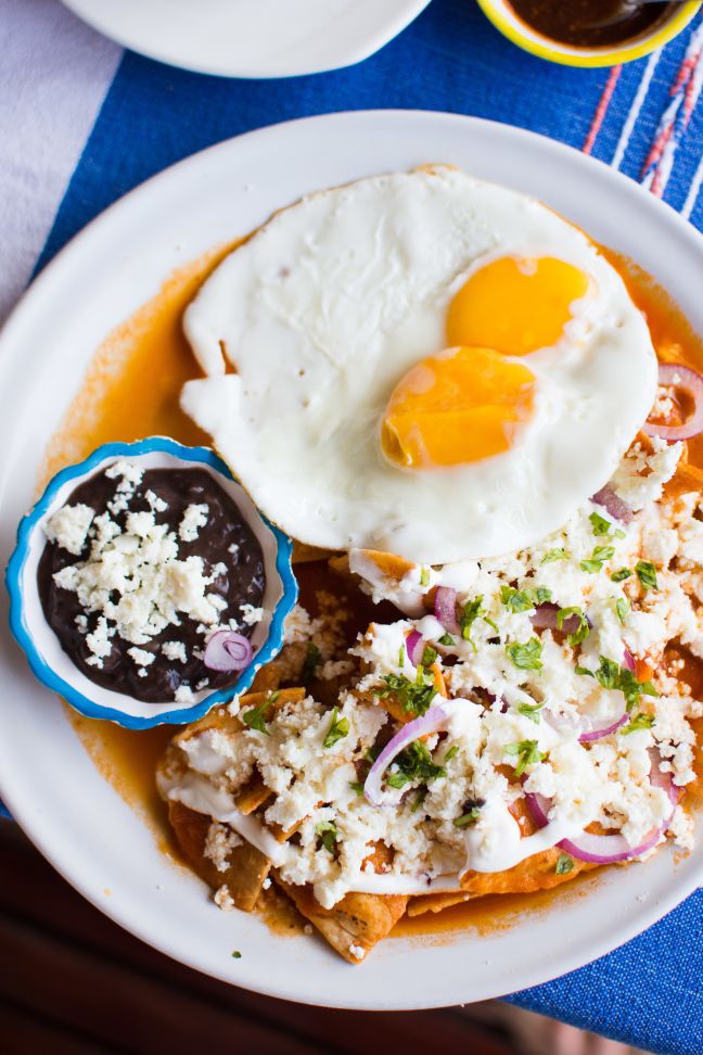 chilaquiles with eggs and frijoles