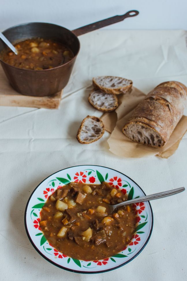 Seitan goulash with potatoes, carrots and lots of onion