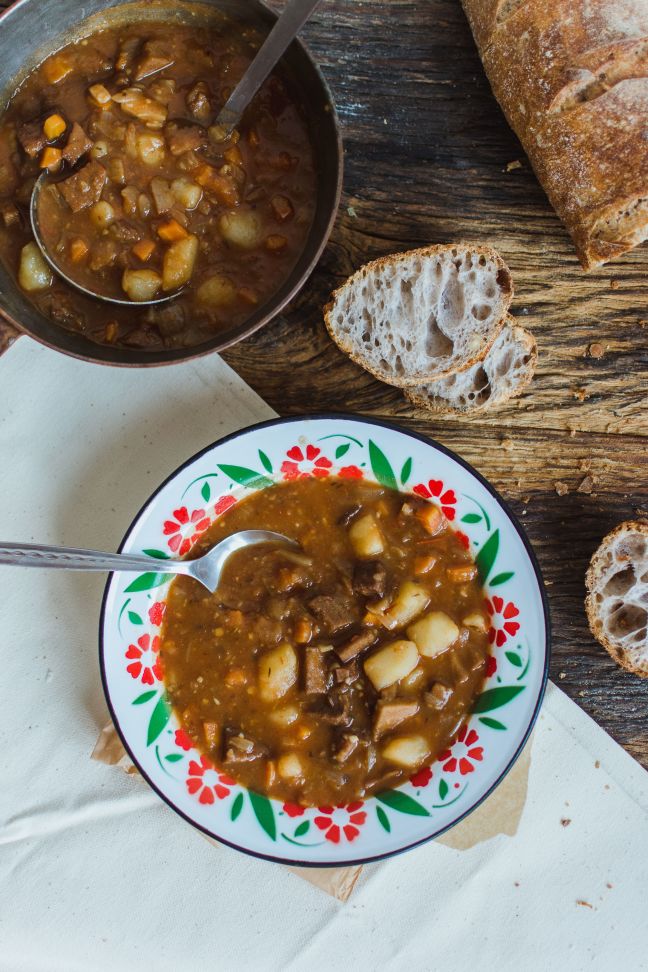 Seitan goulash with potatoes, carrots and lots of onion