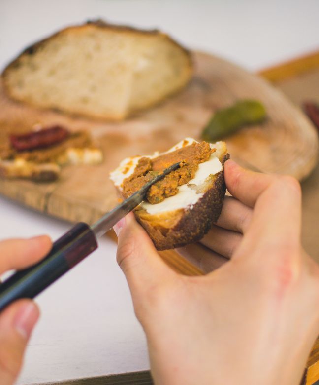 Steak tartar spread on home-made bread