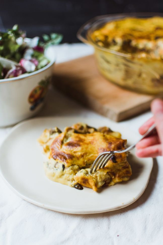 Vegan tartiflette served with salad.