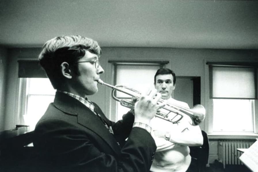 Gilbert Johnson coaches Jeffery Shuman (Trumpet ’77)