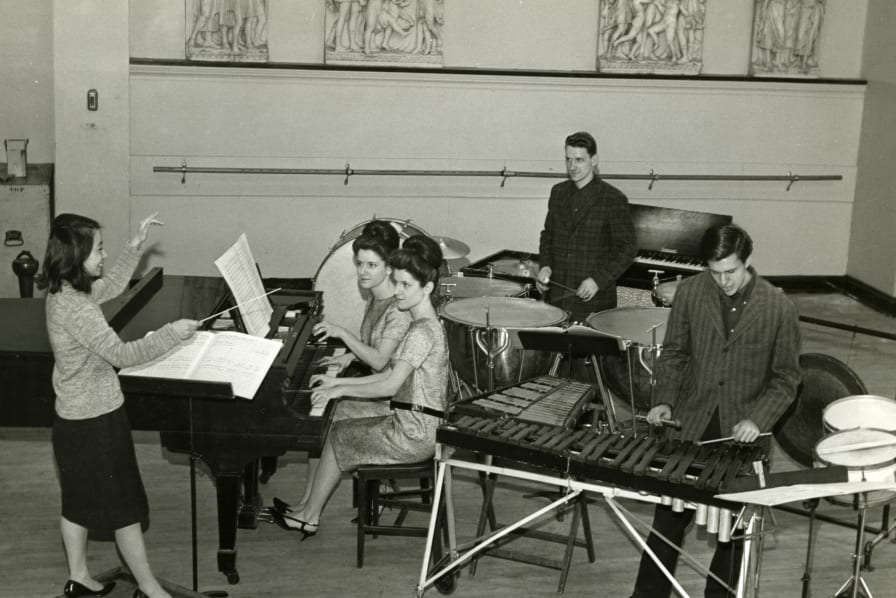 Rehearsal for the April 19, 1963, premiere of Darius Milhaud’s Concerto No. 2 for Two Pianos and Percussion at the Juilliard School.