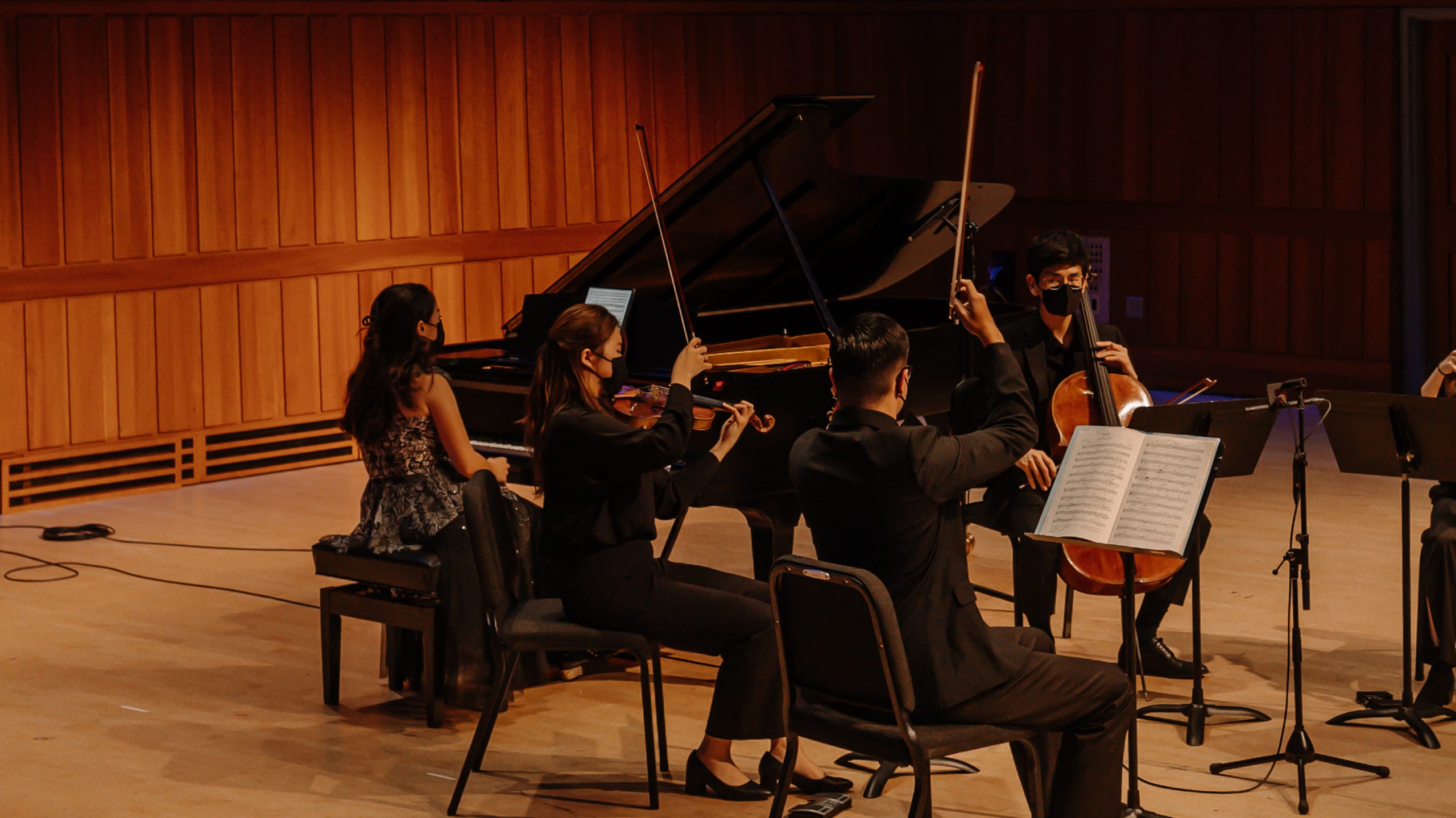 Student Piano Quintet Performing in Gould Rehearsal Hall