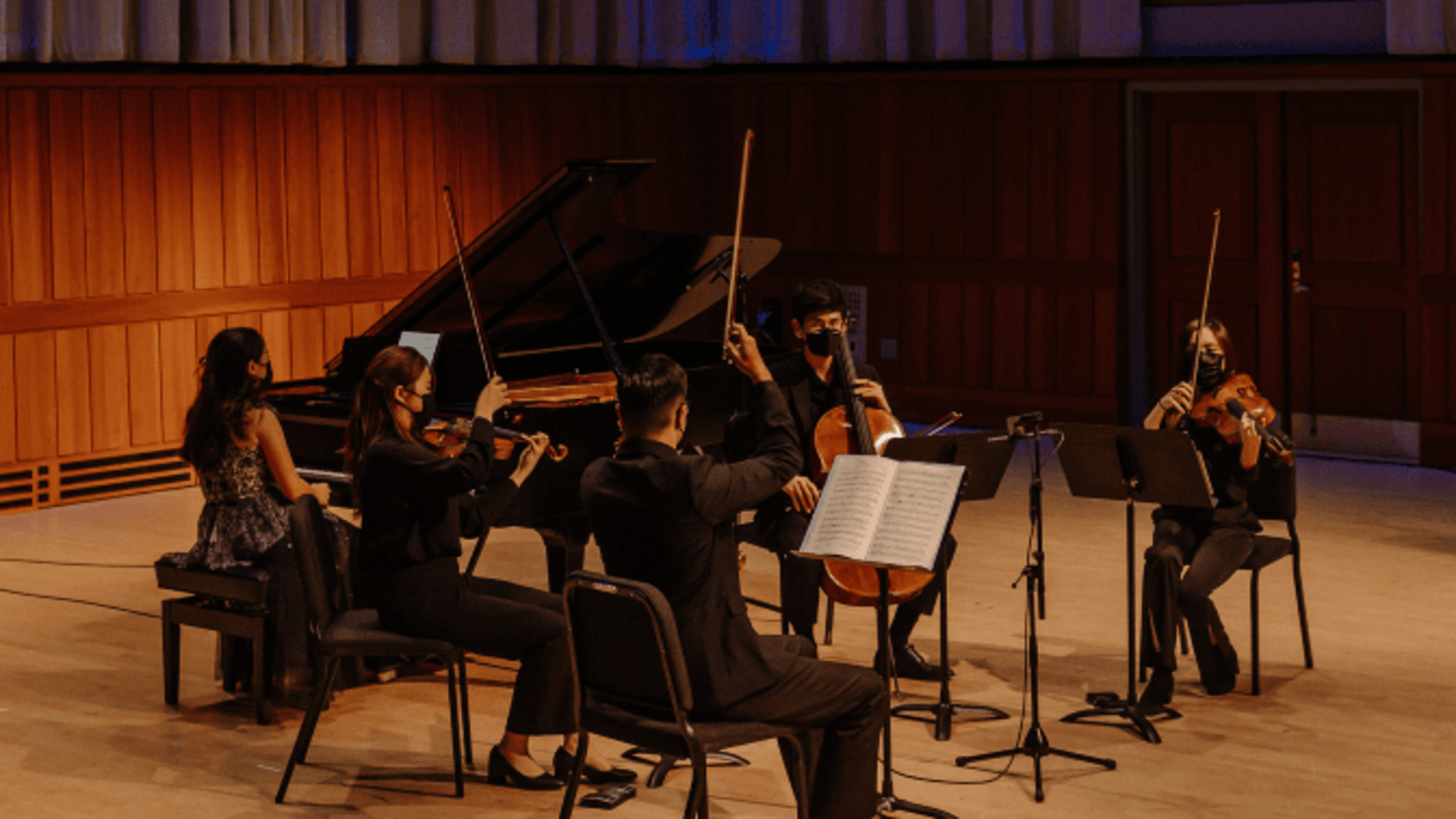 Student Piano Quintet Performing in Gould Rehearsal Hall