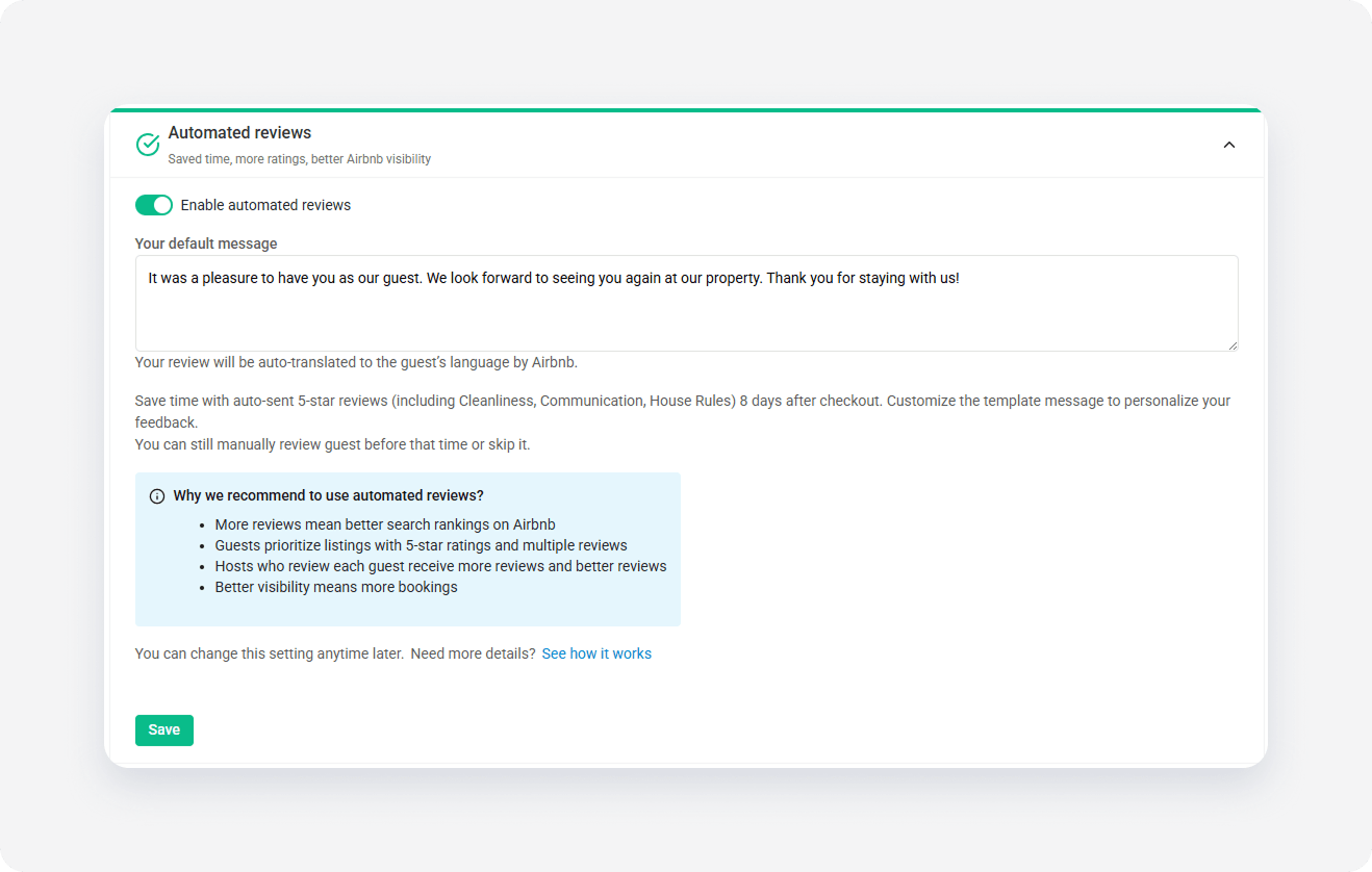 Airbnb channel settings auto reviews