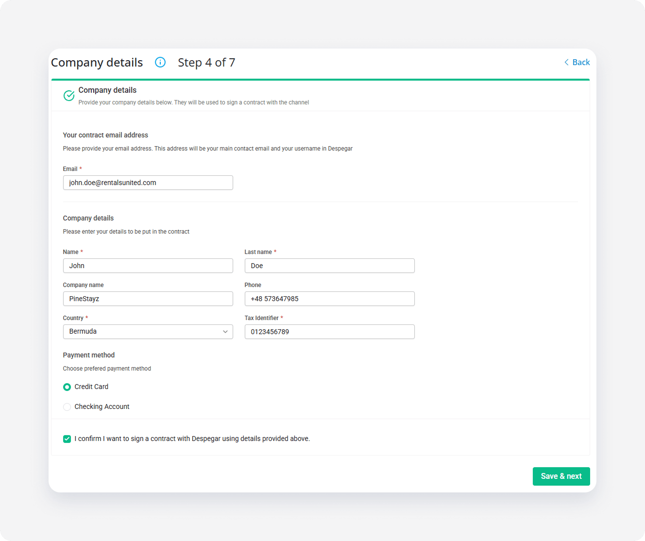 Despegar property settings contract