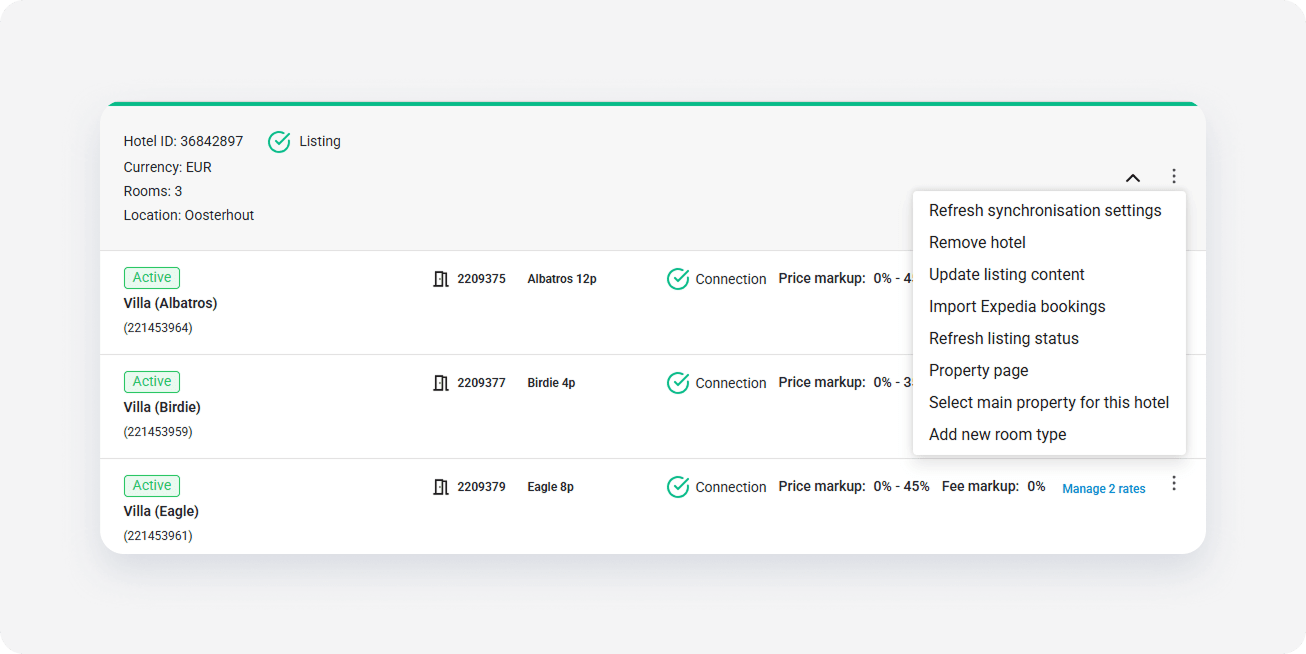Expedia property settings hotel menu