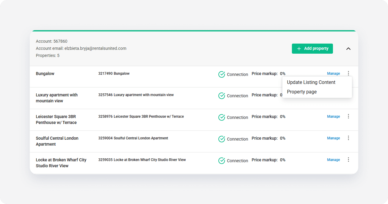 My website property settings main menu