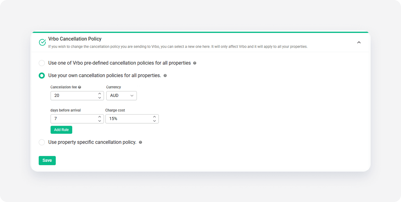 Vrbo channel settings cancellation policy own
