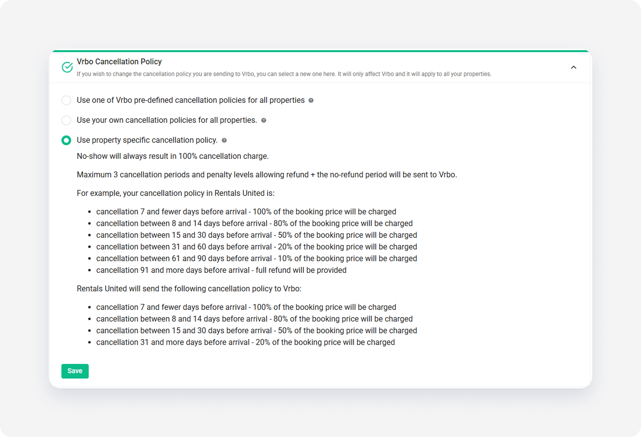 Vrbo channel settings cancellation policy property specific