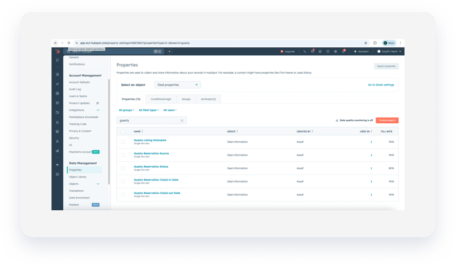 Acuerdo de integración de HubSpot, adición de propiedades