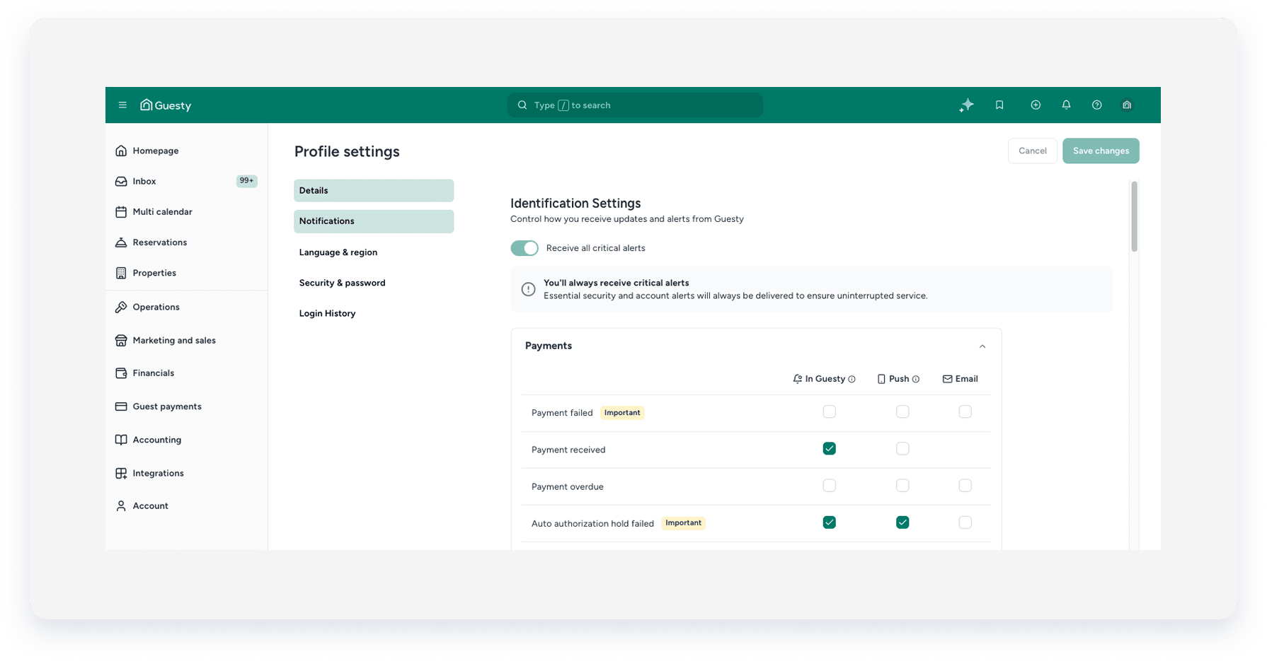 Página de preferencias de notificación