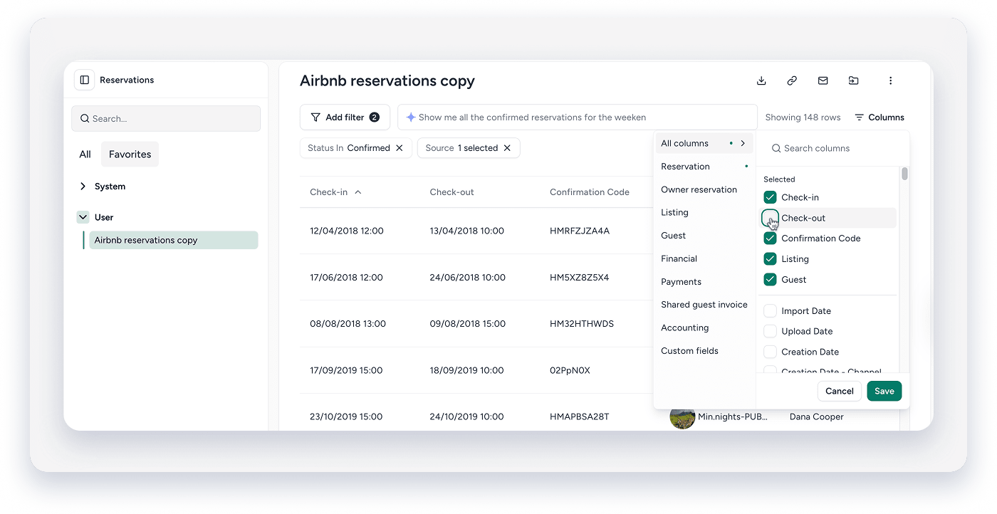 The column selector panel, showing the search bar, categories, and checkboxes for columns.