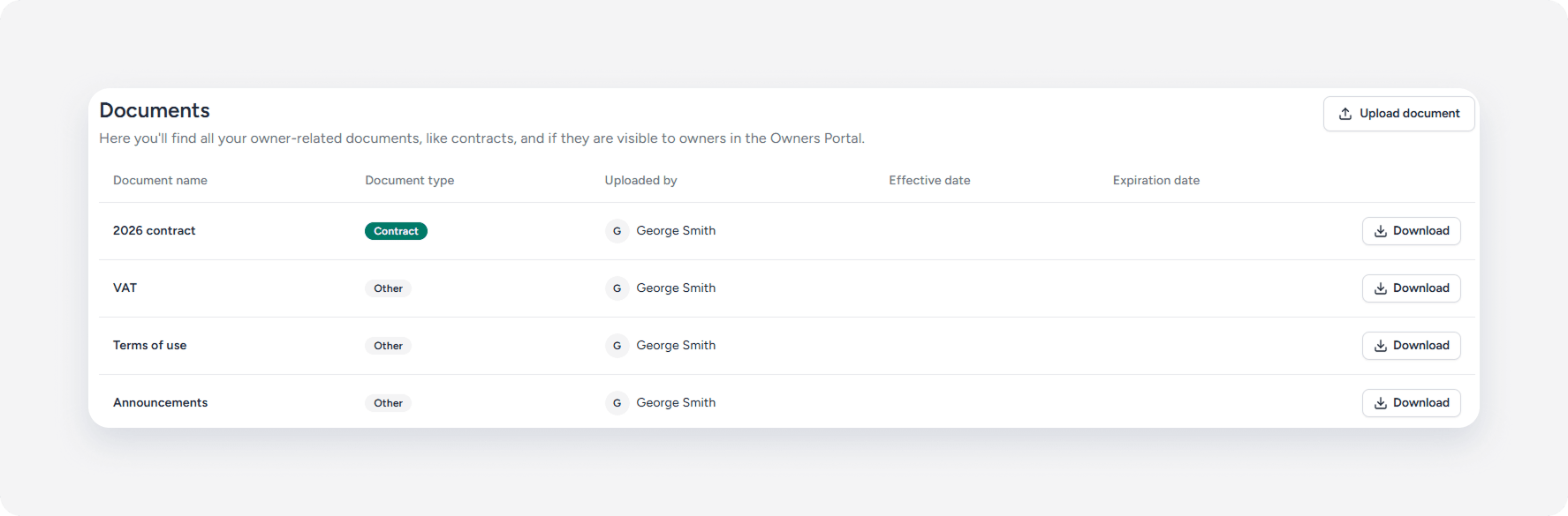 Owners Portal documents tab